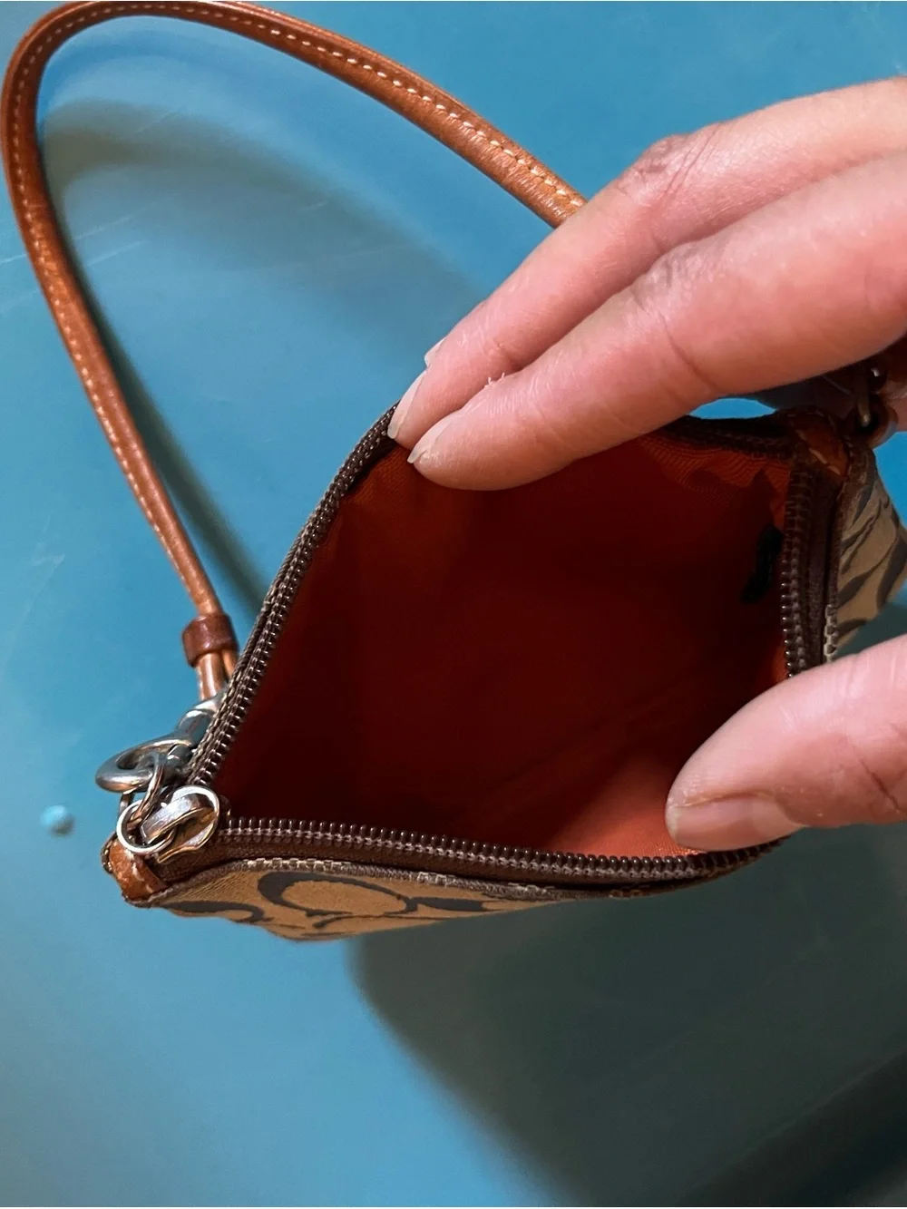 Coach Black & Gray Signature Wristlet with Brown Leather Strap